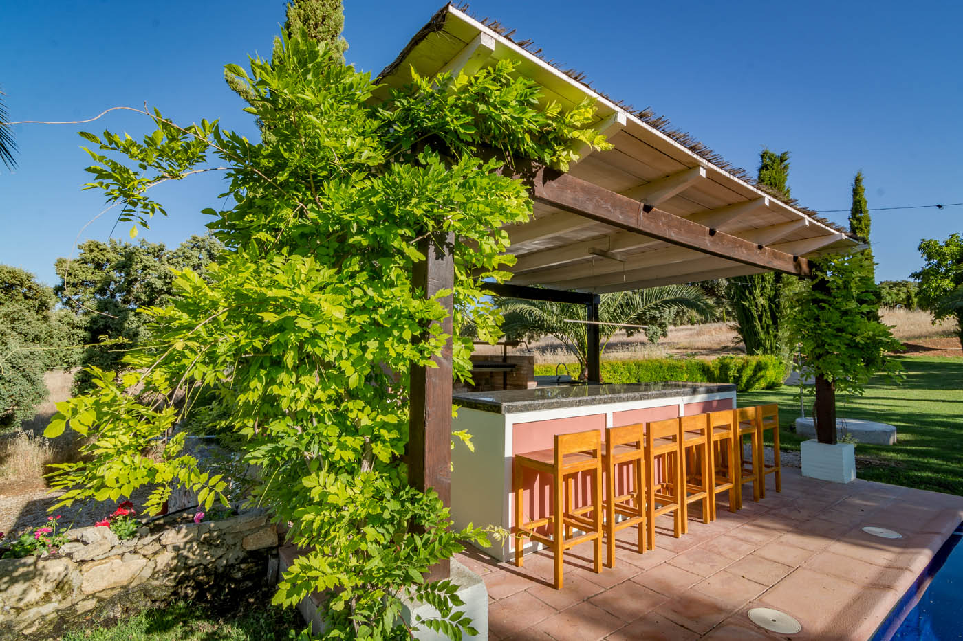 El bar de la piscina tiene una barbacoa profesional 