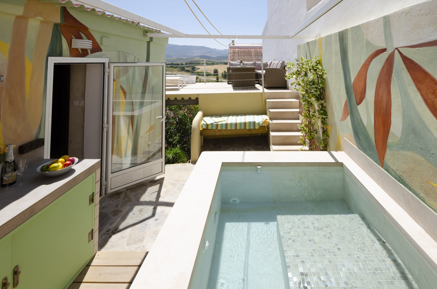 Outdoor area with plunge pool and awning 