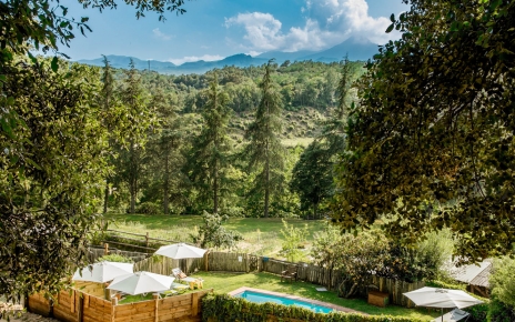 Pool and Montseny mountains backdrop