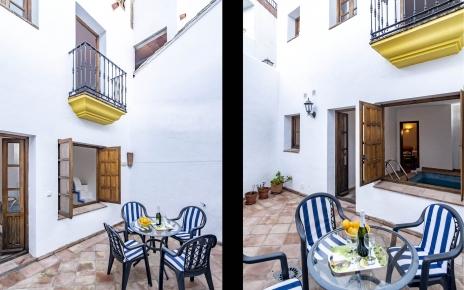 Furnished patio by interior pool