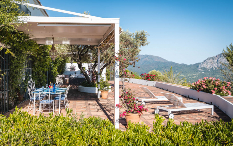 Furnished terrace next to pool area and house
