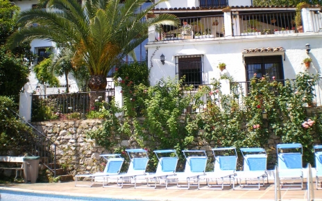 Zona de piscina con tumbonas y jardín 